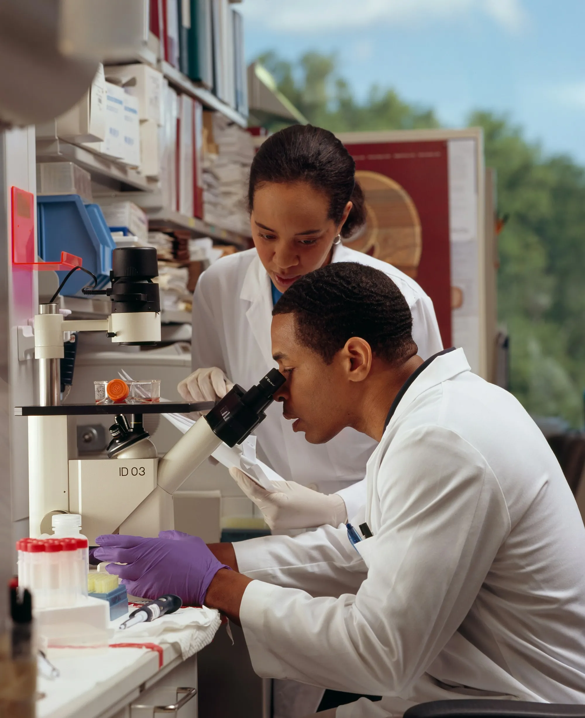 Analyst examining samples at a microscope